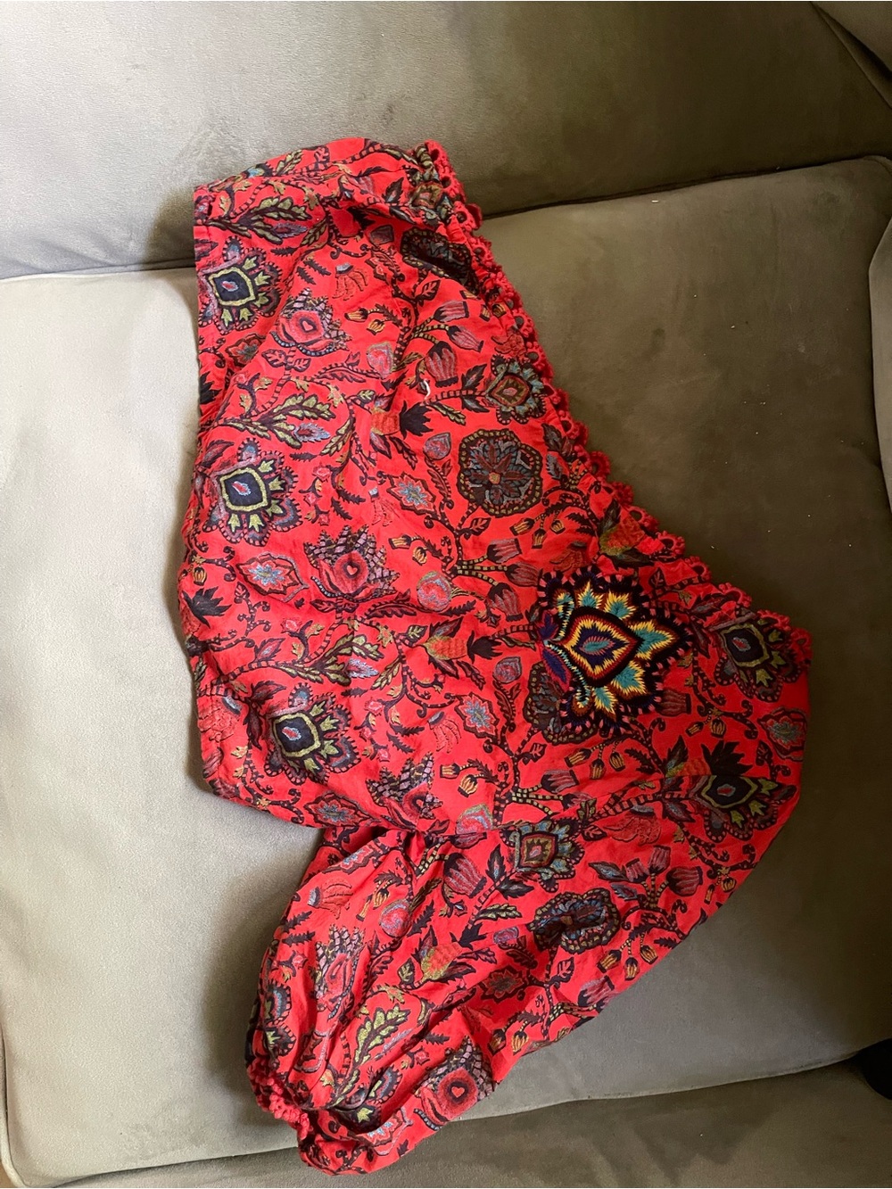 Anthropologie Red Paisley-Print one shoulder crop top